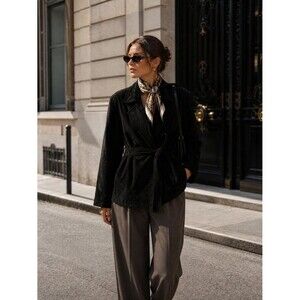 Vintage Margaret Godfrey Suede Leather Jacket Women XL Black Wrap Belted 90s